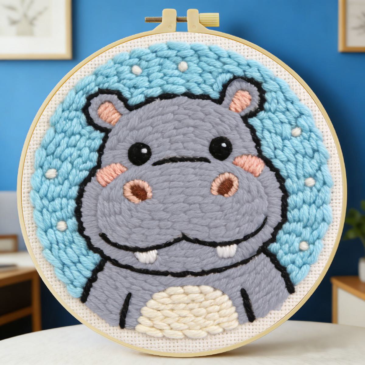 Is Sewing Textile Art - 20X20CM/7.87inch Hippos punch needle embroidery set